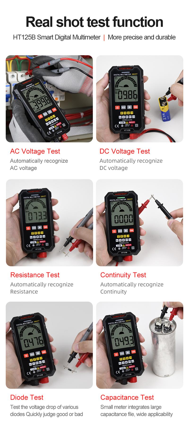 Product Introduction of มัลติมิเตอร์แบบดิจิตอล, HABOTEST HT125, แอมมิเตอร์แรงดันไฟฟ้า AC / DC 600V, มัลติมิเตอร์แบบดิจิตอลอัจฉริยะ, RMS, NCV, ความต้านทาน, การตรวจจับไดโอดความถี่ 16