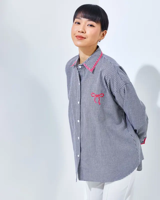 DAC Chara Bow Top | Tartan Shirt Kemeja Kotak Kotak Oversize | Atasan Wanita Lengan Panjang Bordir Pita Pink | Coquette Blouse Jumbo 1