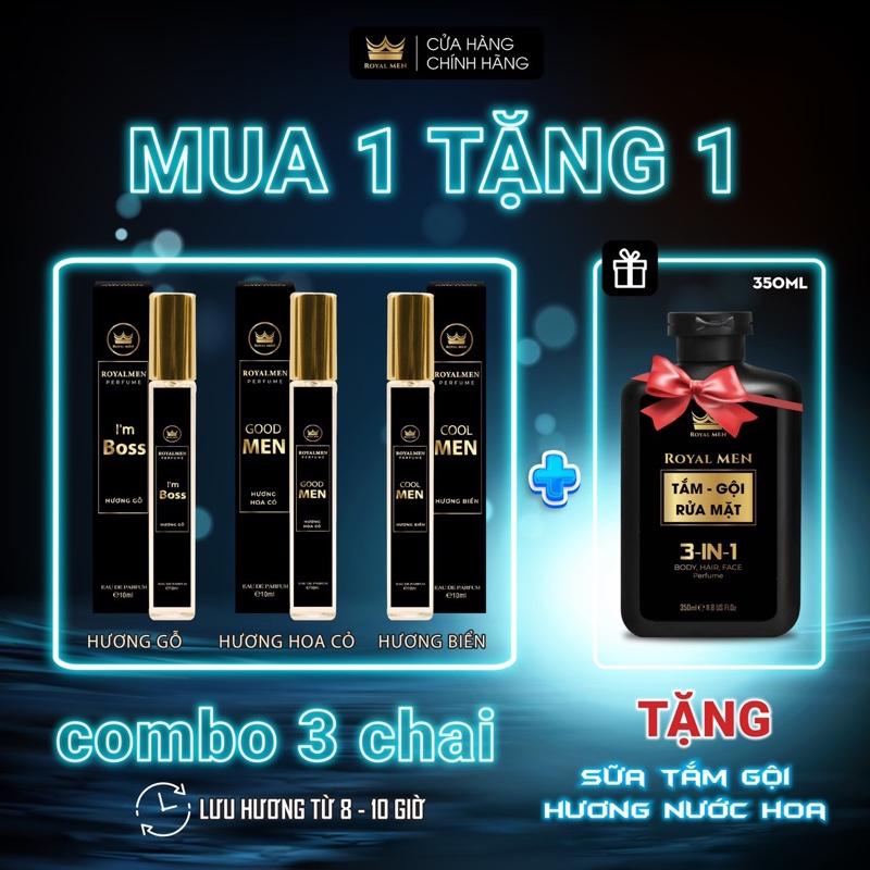 MUA 1 TẶNG 1 Combo 3 Chai Nước Hoa Nam 3 mùi hương Gỗ Biển & Hoa Cỏ - Tặng 1 Sữa Tắm Gội Hương Nước Hoa Cao Cấp Thơm Lâu 3in1 Royalmen 350ml luxury đồ tắm & Chăm sóc cơ thể