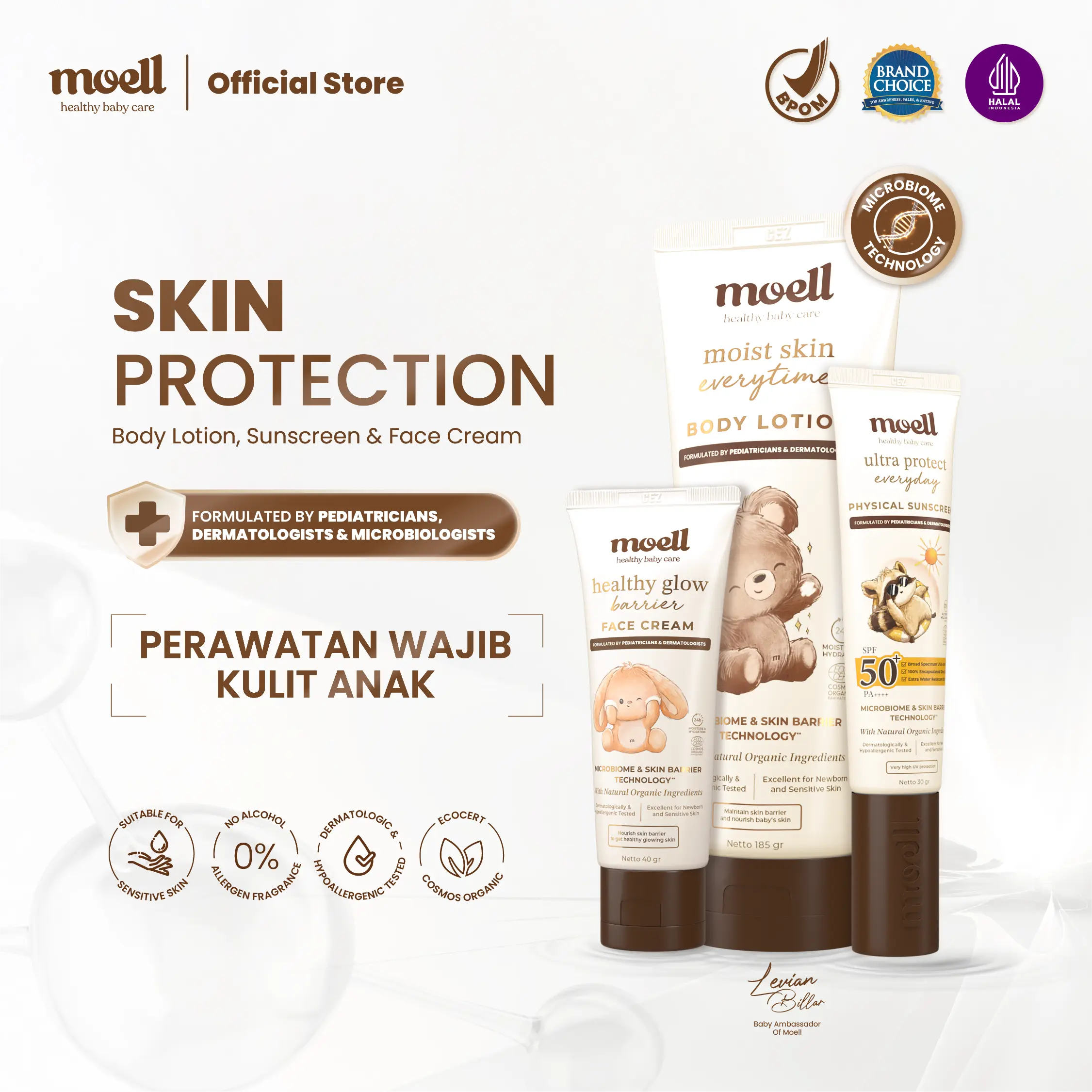 Moell Exclusive Bundling SALE Body Lotion 185gr & Physical Sunscreen 30gr & Face Cream 40gr - Physical Sunscreen SPF 50(+) PA(++++) - Face Cream Plant Based Probiotics -Melindungi Dan Memperkuat Skin Barrier -Dengan Microbiome Teknologi Formulasi Dokter