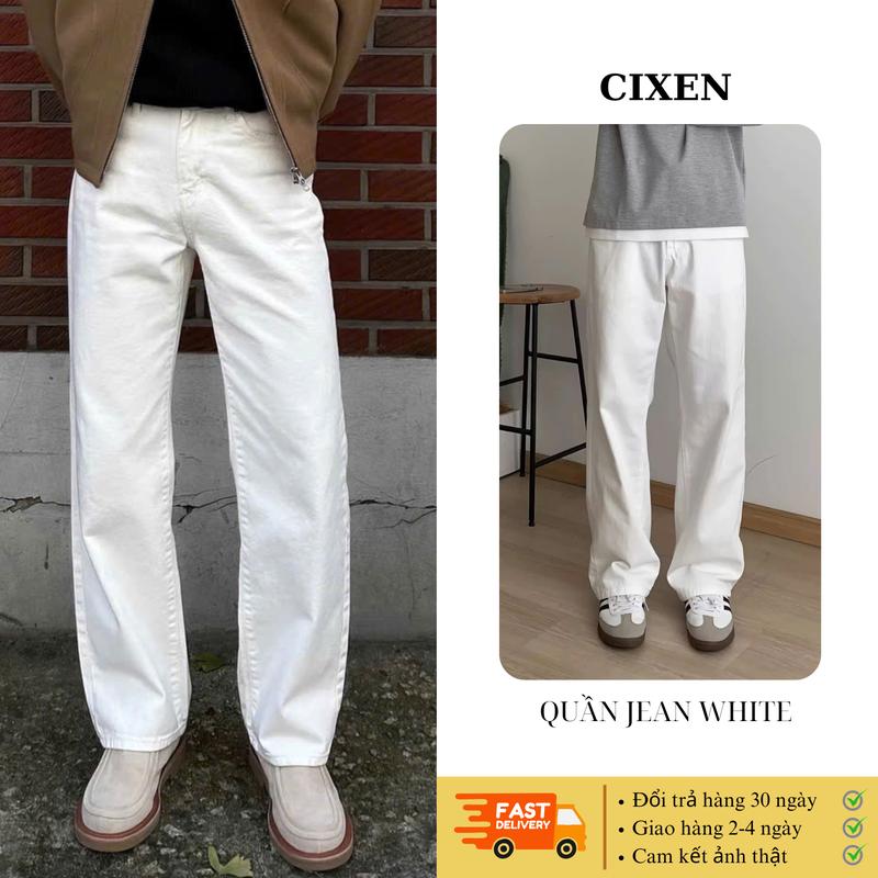 Quần jean nam trắng ống suông CIXEN form unisex Cạp cao, quần bò dài nam form suông hàn quốc