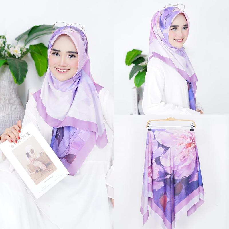 ( SERIES RUSHEL 1-100 ) Hijab Motif Terbaru Segiempat Motif  Bunga Denay Motif 2024 Katun Voal  Nyaman Muslim Square 3