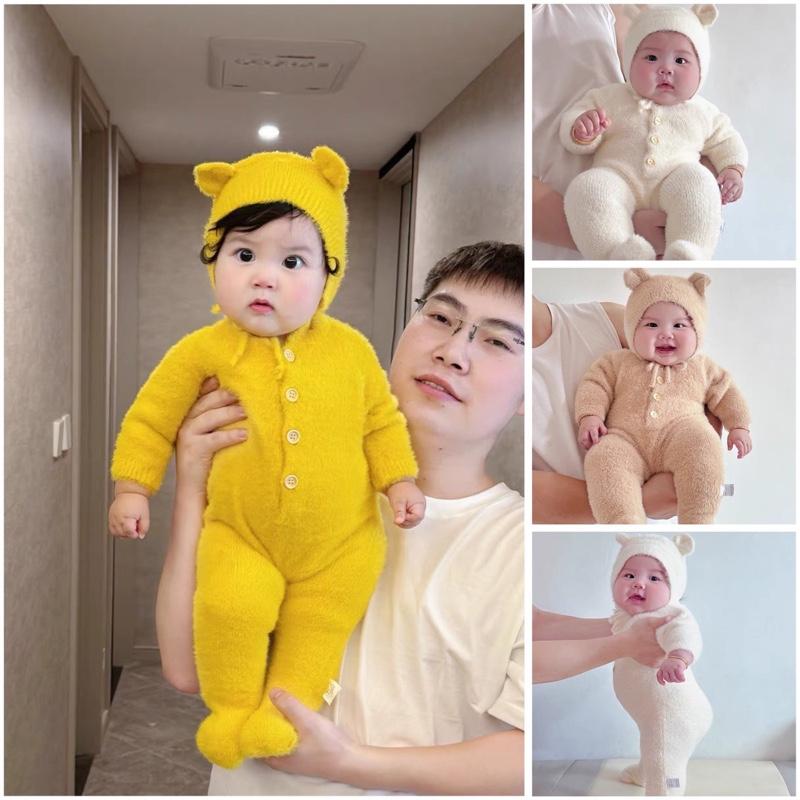 Bộ liền quần Gấu Lông Kèm Nón Quảng Châu Len Lông Thỏ Cho Bé 3-11kg Bé trai bé gái