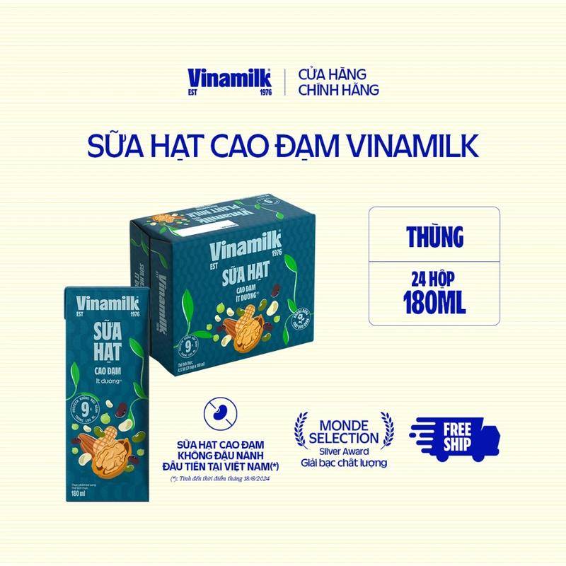 Sữa hạt Vinamilk cao đạm ít đường - Thùng 24 hộp 180ml