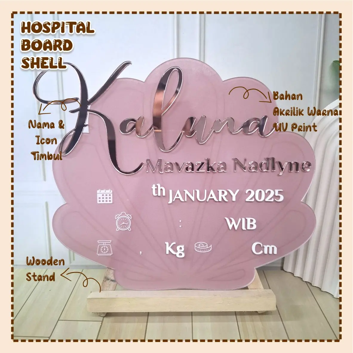 PAPAN KELAHIRAN BAYI BAHAN AKRILIK BENTUK KERANG / HOSPITAL BOARD