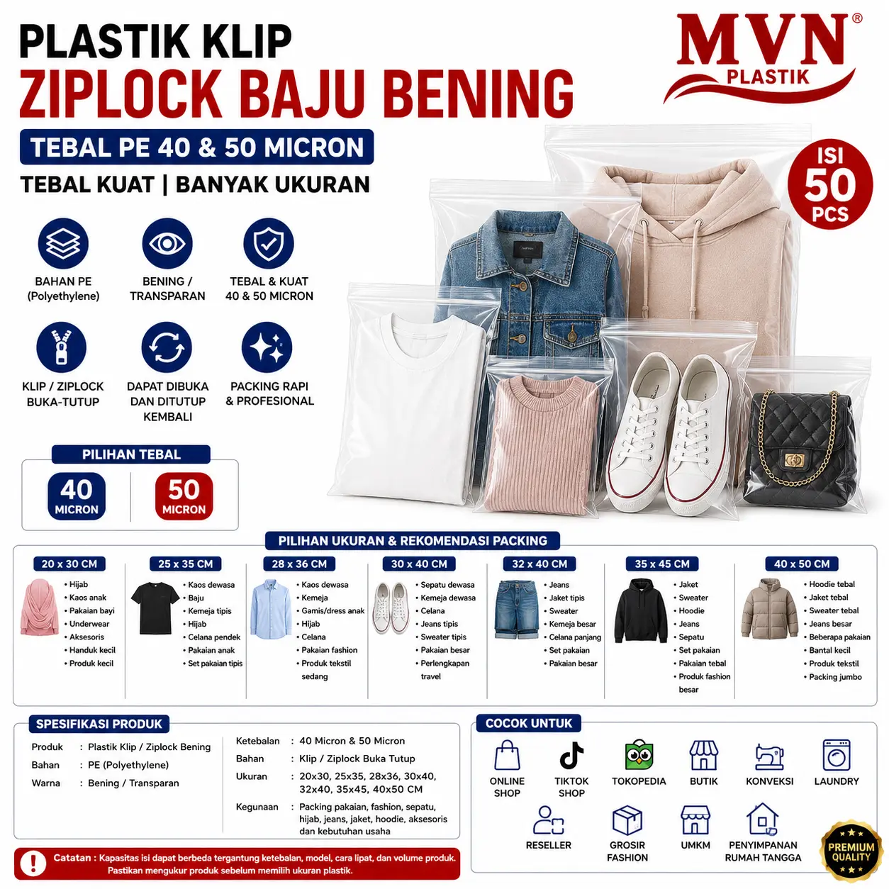 Plastik Klip Ziplock Baju Bening PE 40 & 50 Micron | Packing Pakaian Hijab Sepatu Jeans Jaket Hoodie | Tebal Kuat 40x50 35x45 32x40 30x40 28x40 28x36 25x35 20x30