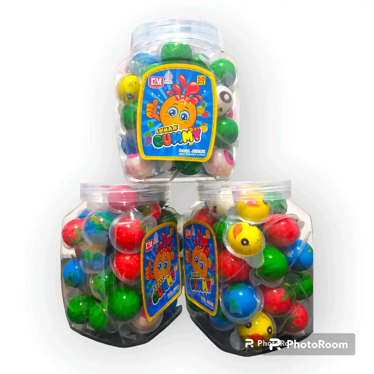 Permen Gummy @50pcs lunak Bulat Motif Mata , Bola , Buah Buahan - Permen lunak Viral Fruity