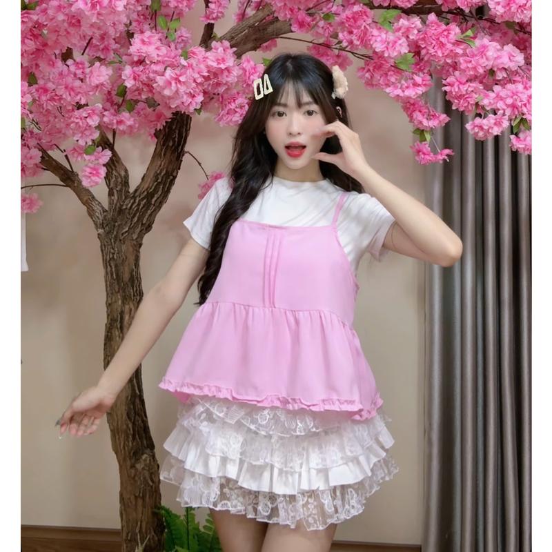 XẢ KHO NGHỈ BÁN (KÈM ÁO THUN) Set Áo kiểu nữ SM404 2 dây chất đũi lì kèm áo thun cotton dáng babydoll viền bèo tiểu thư Hàn Quốc Kozoda