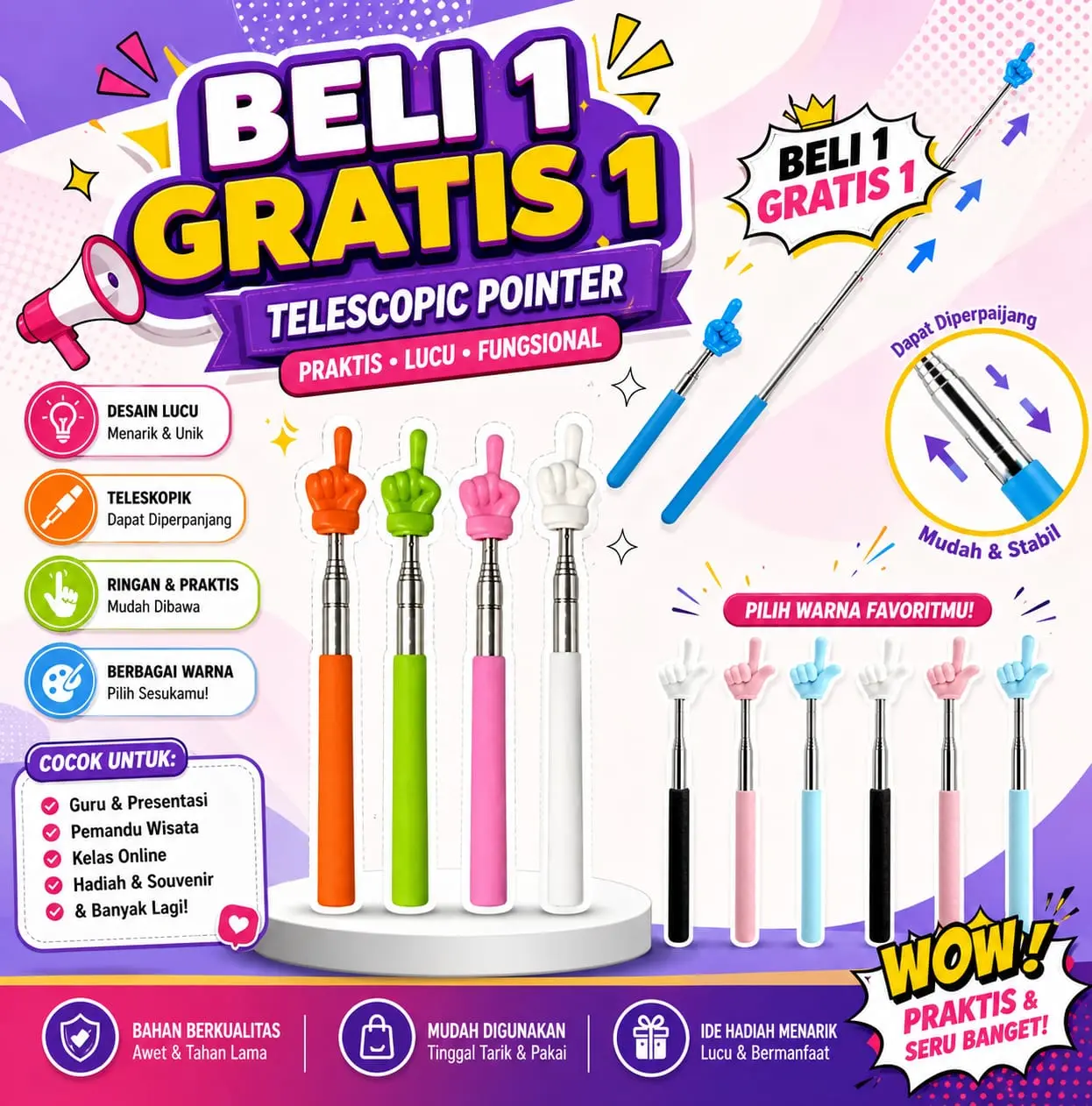 BELI 1 GRATIS 1 Tongkat Penunjuk Papan Tulis Teleskopik Adjustable Bentuk Jari Stainless Steel & PP Tahan Lama Mudah Dibersihkan 20-68 cm Cocok untuk Guru dan Siswa - Books Quran