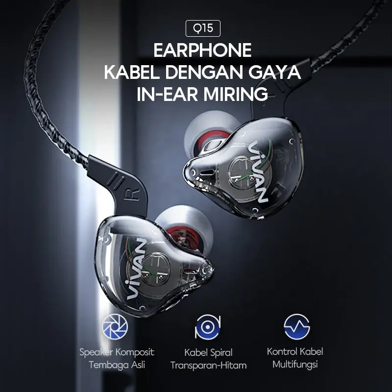 VIVAN Earphone In Ear Kabel Stereo Powerful Bass Wired Headset Q15 Black Garansi Resmi 1 Tahun Microphone Headphones Handsfree 5