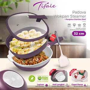 Tifale Padova Wokpan Steamer 32cm - Wajan Kukus Anti Lengket + Pengukus Stainless + Spatula Silicone