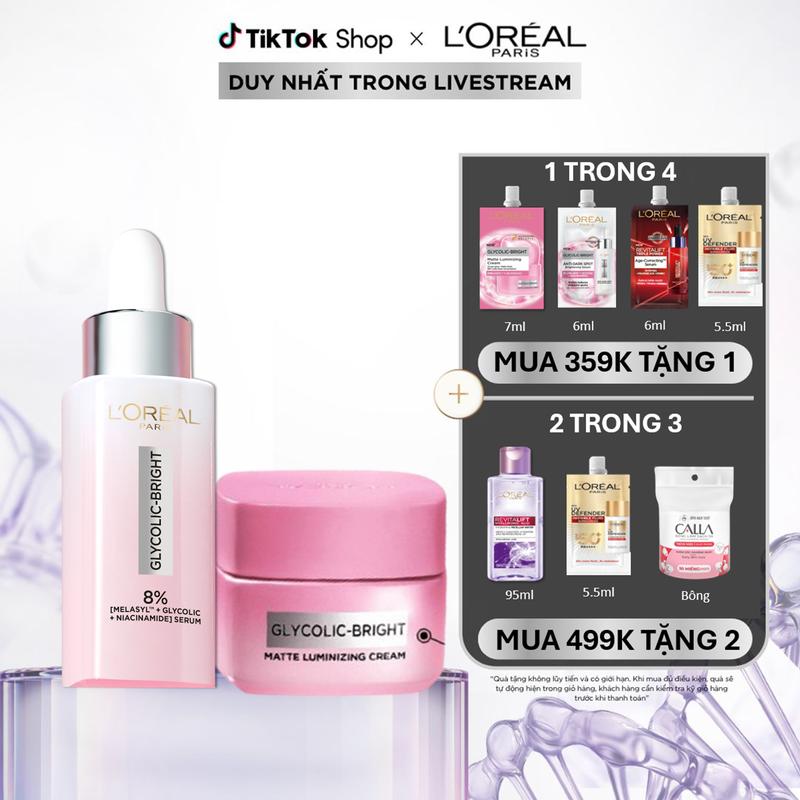 [BÁN CHẠY] Bộ đôi serum & kem dưỡng sáng da đột phá Melasyl mờ thâm mụn, nám L'Oreal Paris Glycolic Bright 30ml, 50ml