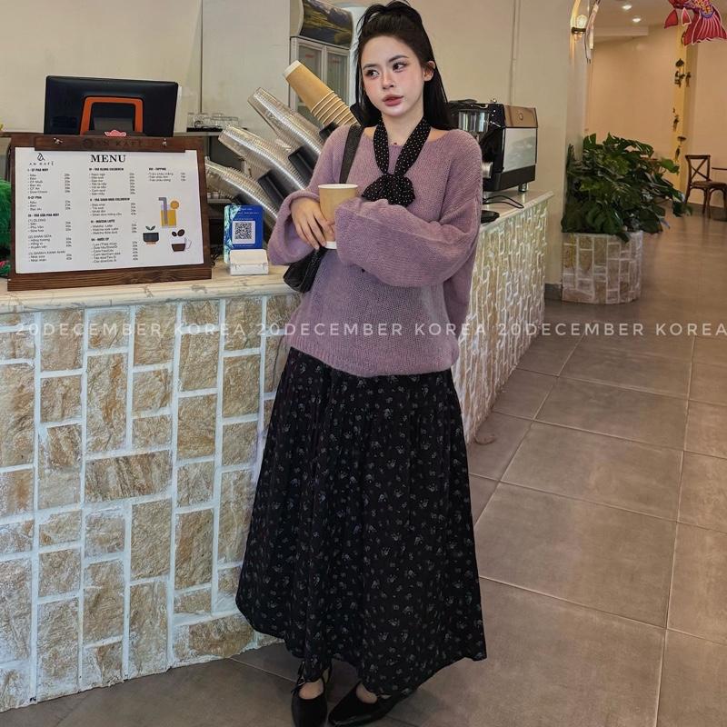 20DECEMBER- Set áo len tím chân váy hoa nhí kèm khăn