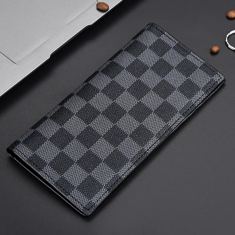 Business Fashion Checkered Long Men's Wallet Men's Clutch Large Capacity Multi-card Money Clip Coin Purse Waterproof Scratch Resistant Boys Wallet PU Material