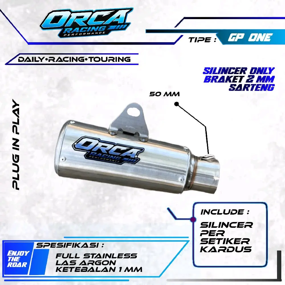 SILINCER ORCA RACING PERFORMANCE TYPE GP 2 STAINLIS INLET 50MM SARTENG FOR SMASH JUPITER SUPRA MX VIXION MP TIGER SONIC SATRIA DLL