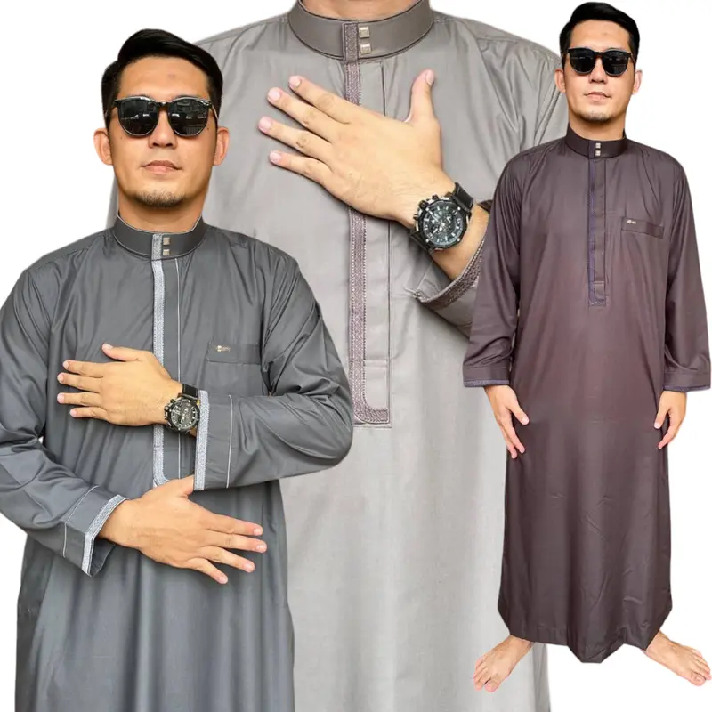 Jubah Gamis Reguler Pria Muslim Dewasa SOLLU 3 Lengan Cuff/Tanpa Kancing Bahan Katun Flat grey gamis  pria 0
