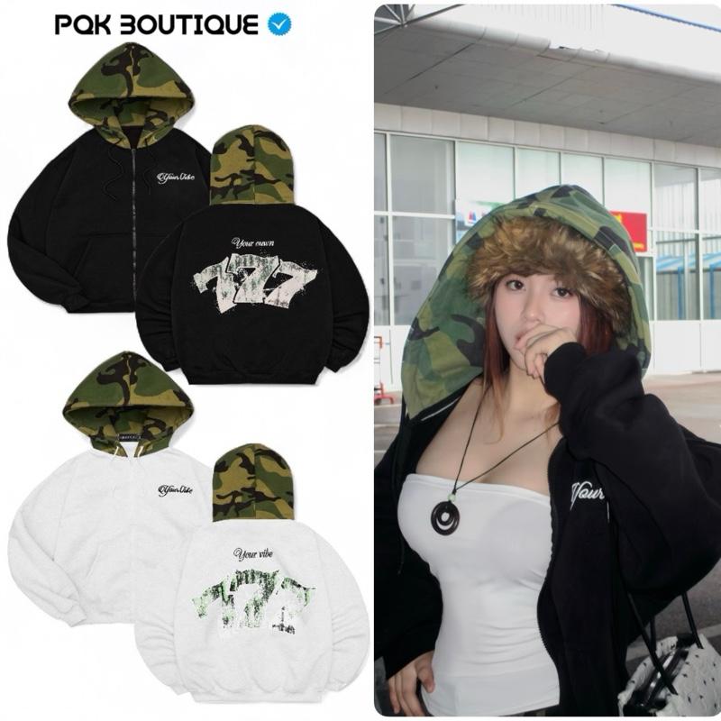 Mẫu Mới Về Áo Khoác Zip Nỉ Bông Form Rộng Nam Nữ YOUR VIBE Phối Nón Hoạ Tiết Camo Nổi Bật - Pqk Boutique