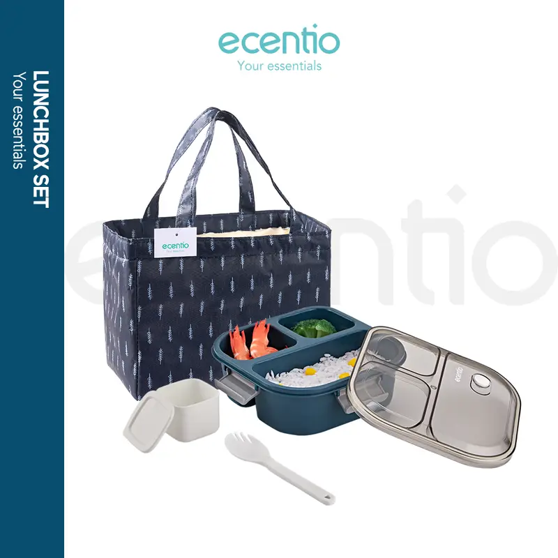 【2pcs】【BPA FREE】ecentio  lunch box settempat bekal makan kotak bekal anti tumpah 3 grid 1100ml Kotak makan wadah bekal anti tumpah kotak sup 100ml Free Sendok Kitchenware 0