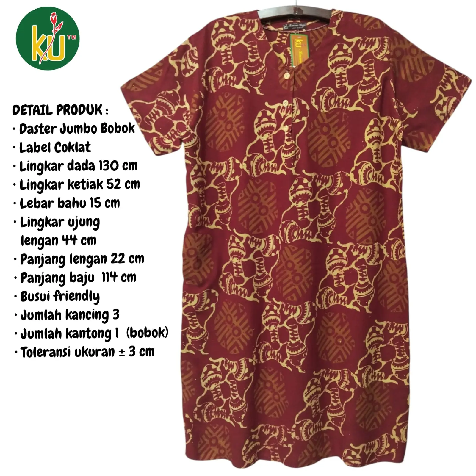 Kencana Ungu Daster Jumbo Bobok Label Cokelat KUC LD 130 cm Panjang Baju 114 cm Kancing 3 Nyaman Trendy untuk Ibu Menyusui