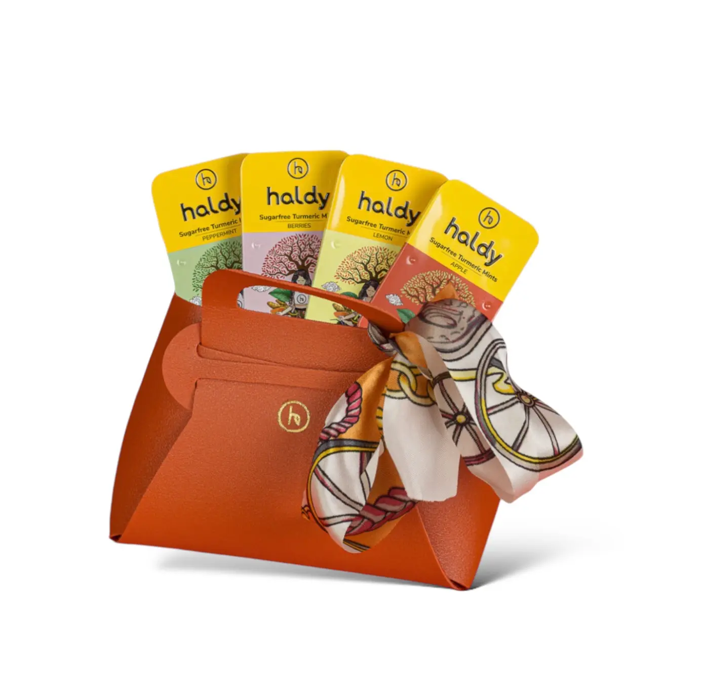 Haldy Designer Mini (Orange bag) + All 4 Flavours of Sugarfree Turmeric Mints Snack Candy
