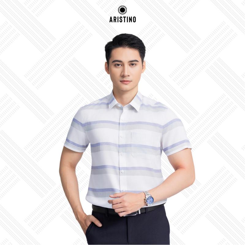  ARISTINO Áo sơ mi nam Modal thiết kế màu trắng in kẻ xám xanh tinh tế tạo điểm nhấn trên áo phom dáng Perfect fit ASS063S3 