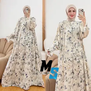 Gamis Arabel Motif Bunga Rayon Premium – Busui Friendly Kancing | Kerah Shanghai | Lengan Balon