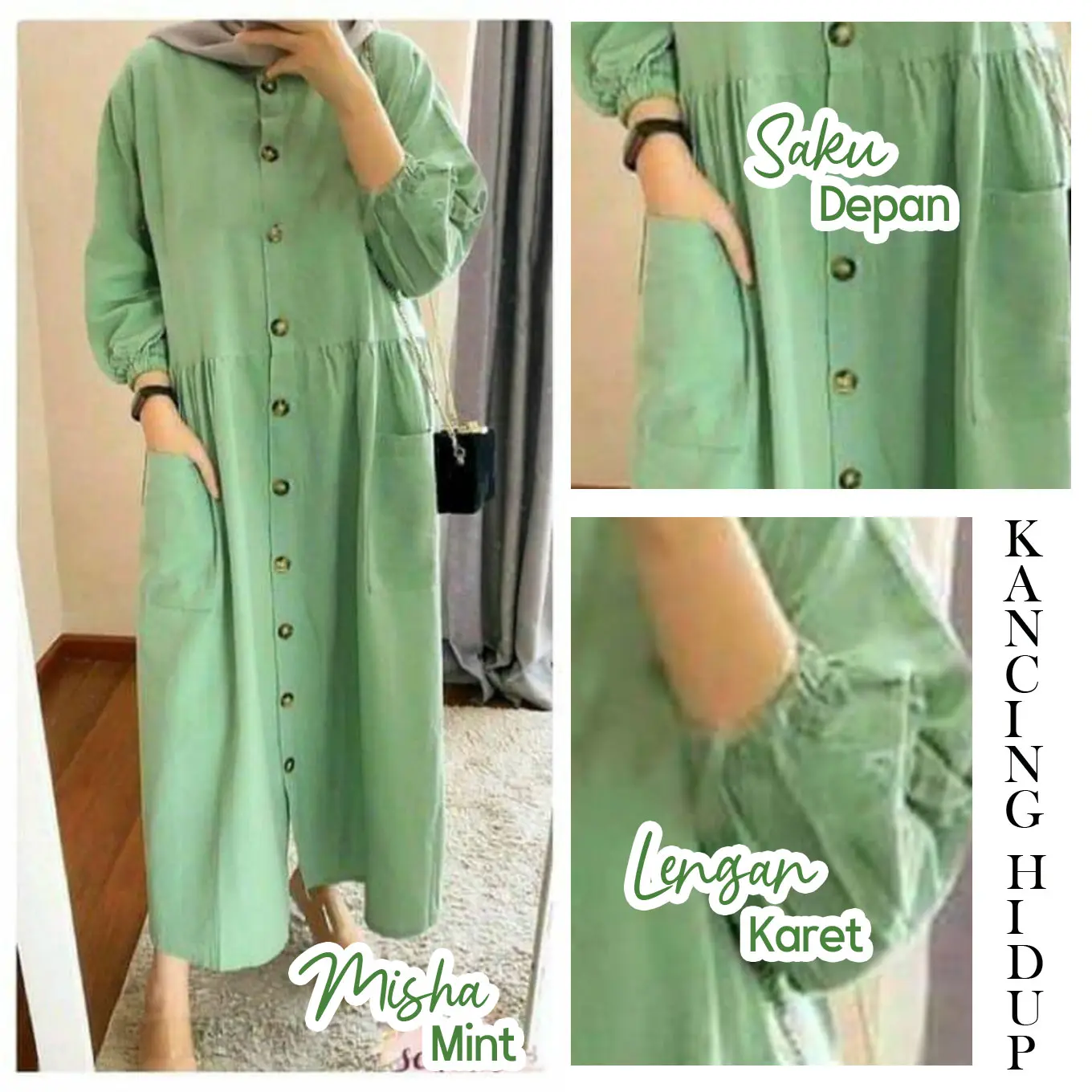Gamis MIDI Dress MISHA UKURAN LD100-LD150 by iRens - Bahan Linen Ramy Premium Wanita Cantik Muslim Bikin Nyaman - Kerah O-Neck & Karet Wudhu Friendly Warna Coklat Mint Navy Bata Hitam Kancing bagian Depan Lengan Panjang Cocok untuk Jalan-jalan Santai