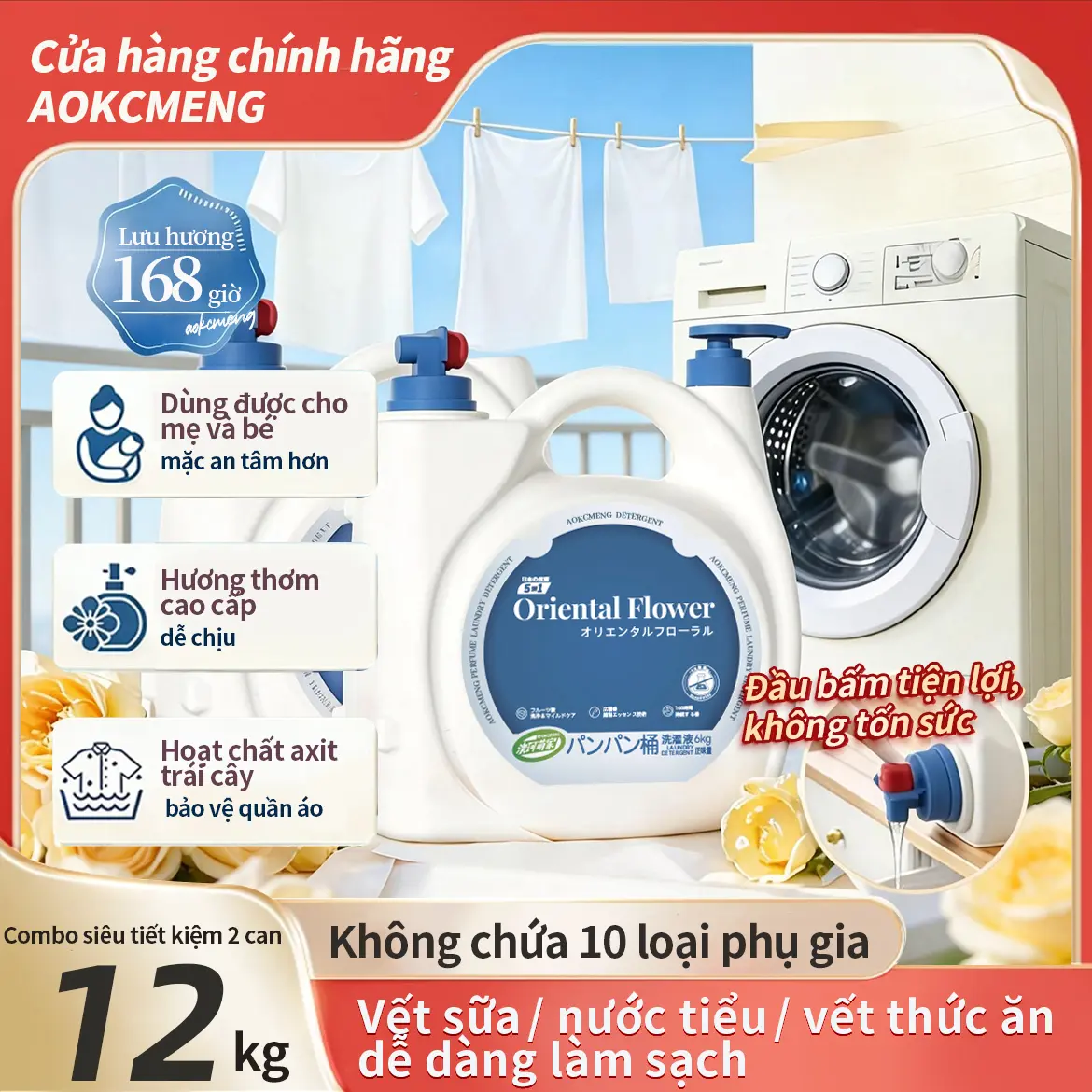[6kg - 1 can] Nước giặt an toàn cho bé hương hoa phương Đông, thiết kế vòi rót tiện lợi, dễ sử dụng, hương thơm lưu lâu đến 7 ngày, làm sạch sâu các vết bẩn cứng đầu, dịu nhẹ cho quần áo mẹ và bé, phù hợp với máy giặt cửa trước, thích hợp cho nhu cầu giặt