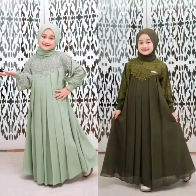 Gaun trendy 2024 - Gaun Inara satu set sama Jilbab - couple Ibu Dan Anak 3-12 Tahun - Cryncle Mix kombinasi Brookat Lebaran Gamis Muslim 6