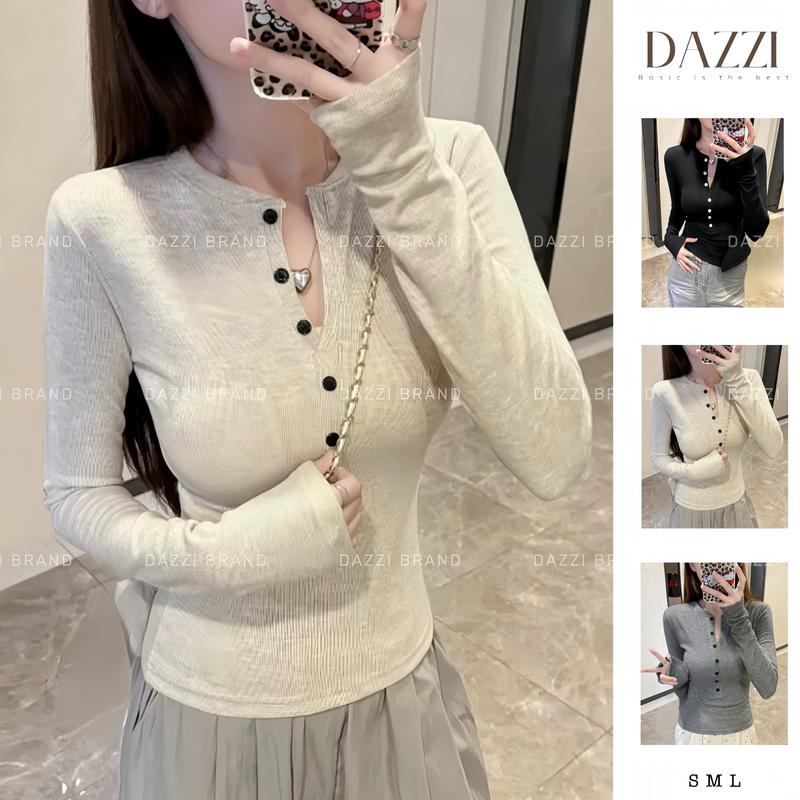   MỞ BÁN  Áo thun nữ tay dài phối nút dáng ôm chất nỉ tăm lông thỏ DAZZI Women A062 