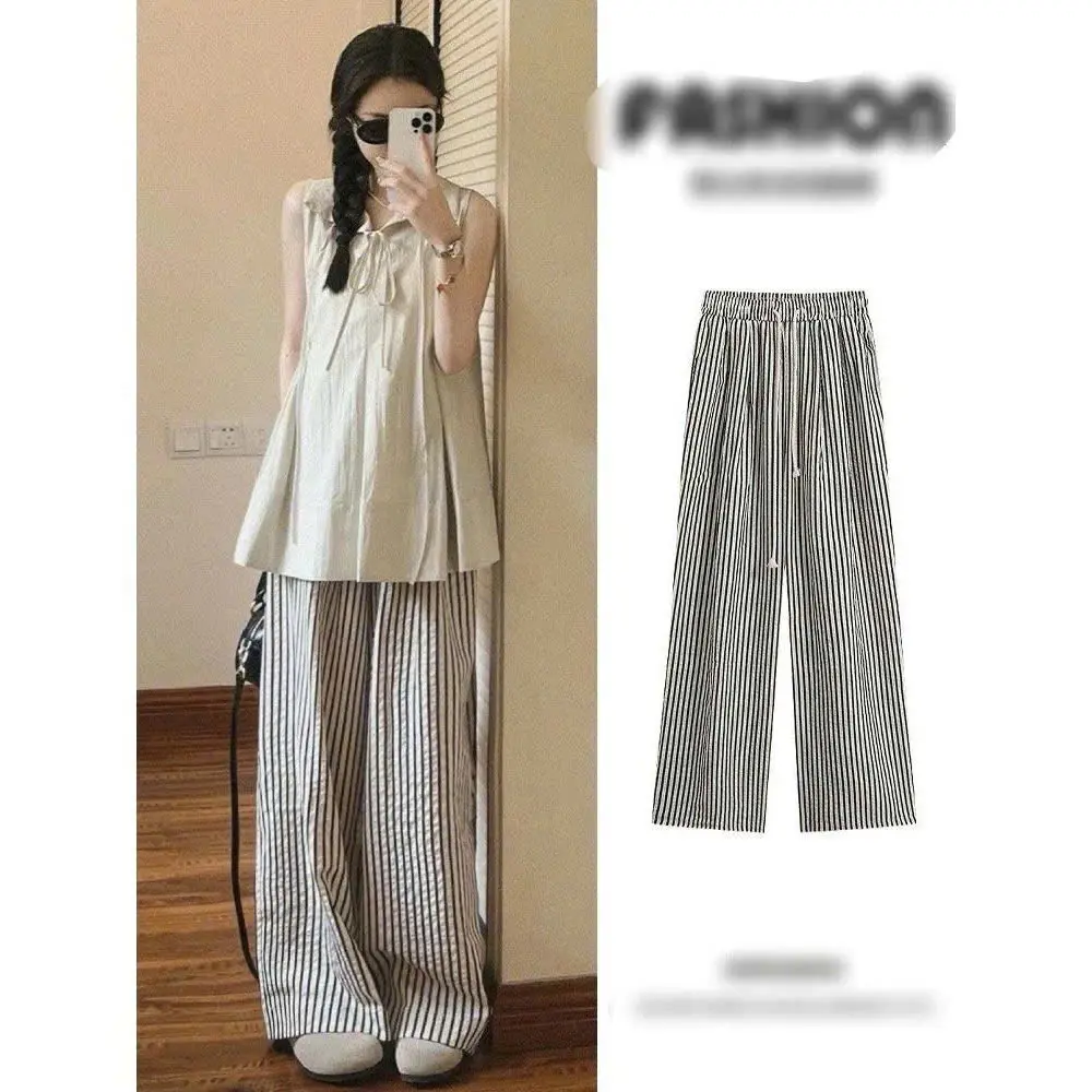 Quần Dài Ống Rộng  Dây Rút Họa Tiết Kẻ Sọc Thời Trang Mùa Hè Cho Nữ