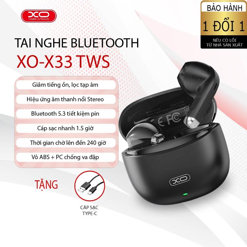 Tai nghe Bluetooth XO-X33 TWS - Chống ồn AI, âm thanh nổi Hi-Fi, micro giảm tiếng ồn ENC, pin trâu 240h giờ, điều khiển cảm ứng, Bluetooth 5.3, bảo hành 1 đổi 1, tặng cáp sạc Type-C