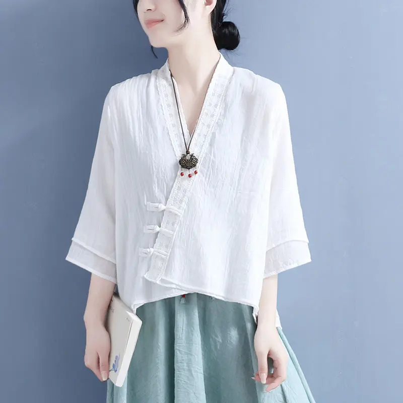 Áo Sơ Mi Cổ Điển Phong Cách Trung Quốc, Dành Cho Nữ, Làm Bằng Vải Lanh Bông, Tay Lửng Tay, Khóa Đĩa Ren Trên Cùng, Thích Hợp Cho Mùa Hè, Áo Cánh Nữ, Có Cỡ Lớn