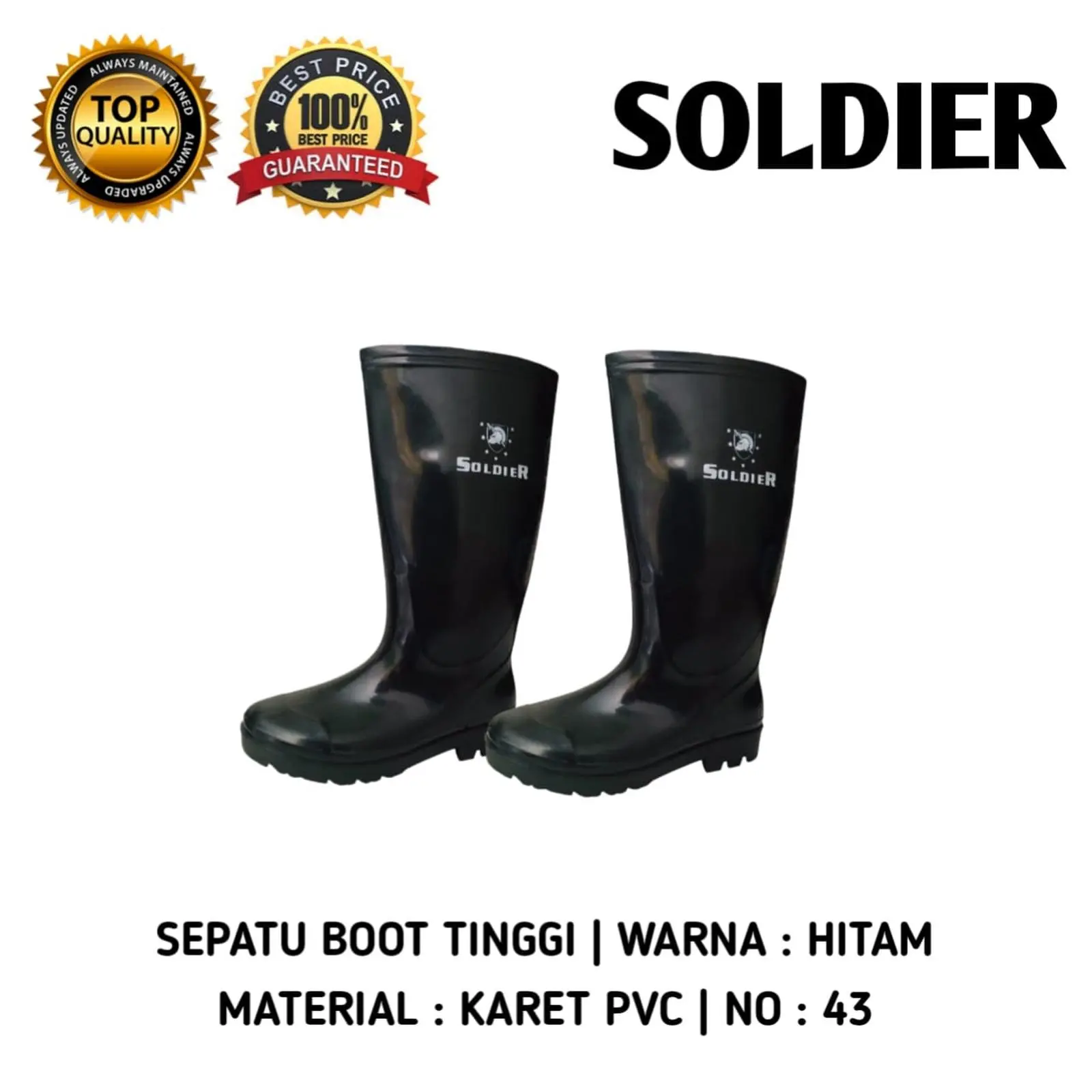 SEPATU BOOTS HITAM KARET PVC ANTI LICIN SEPATU BOOTS PRIA PROYEK BANGUNAN Sepatu Boot No. 43 Sepatu boot tinggi hitam perkebunan pertanian proyek pabrik bahan pvc karet Soldier Boots Hitam 43