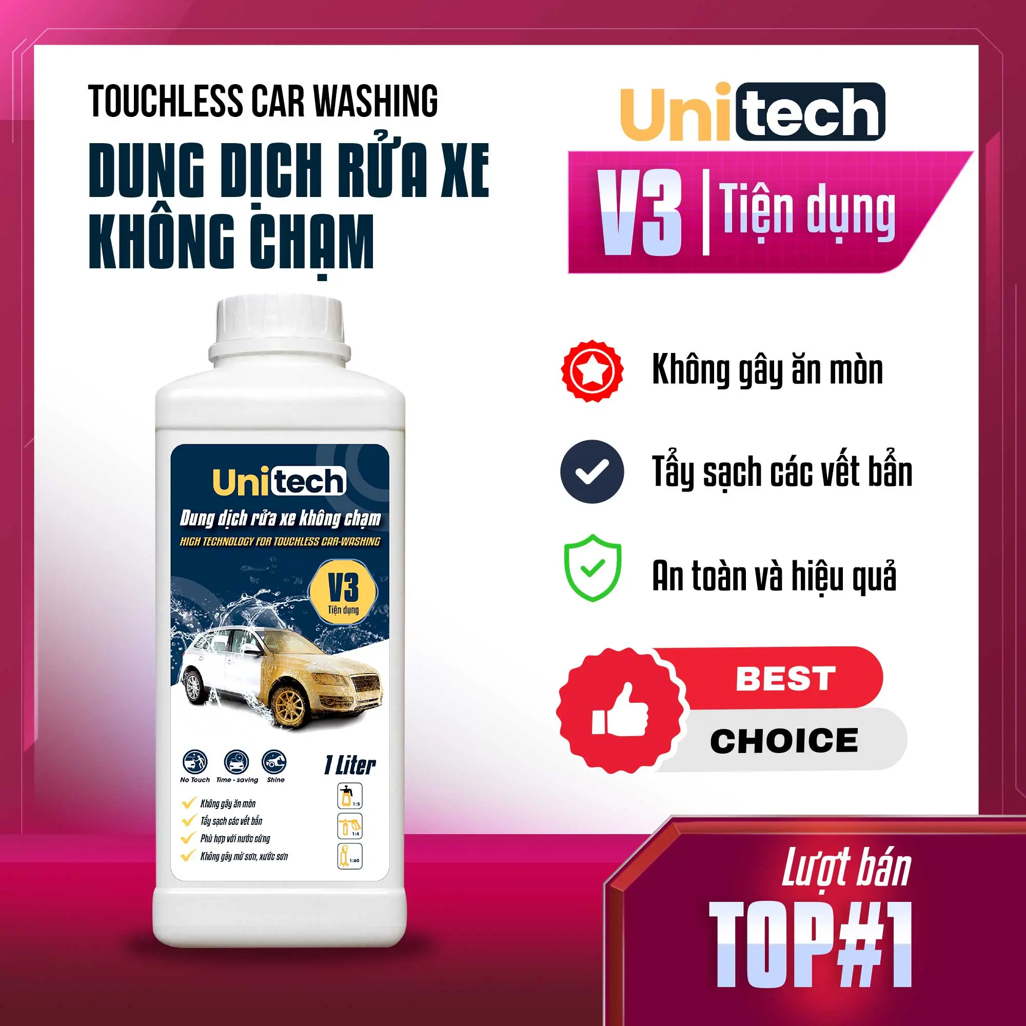 Nước rửa xe không chạm UNITECH V3 (1 lít) | Dung dịch rửa xe ô tô, xe máy không chạm, bảo vệ màu sơn xe