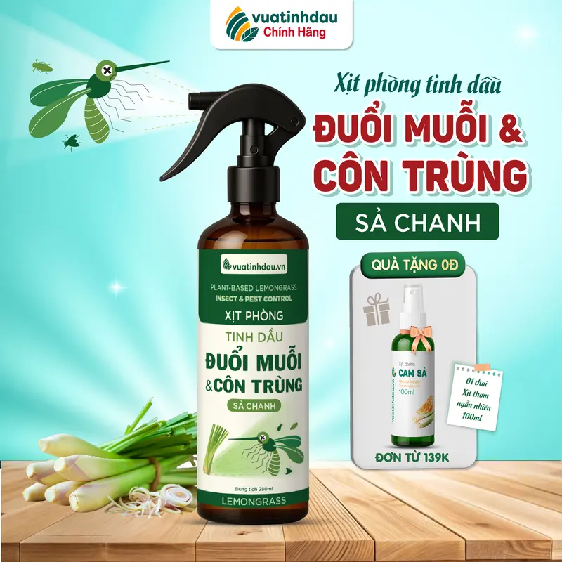 Xịt Phòng Đuổi Muỗi Và Côn Trùng Tinh Dầu Sả Chanh VUATINHDAU 280ml Khử Mùi,Đuổi Muỗi Thơm Phòng Ngủ 0