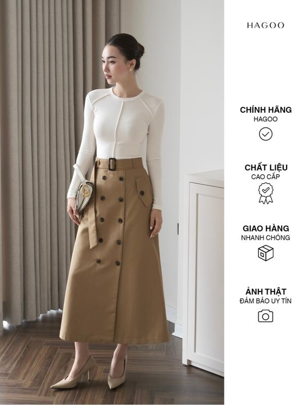 HAGOO Áo thun cổ tròn phối gân nổi ôm body hai màu đen đỏ thanh lịch [A479]  Nữ Top Women Umi