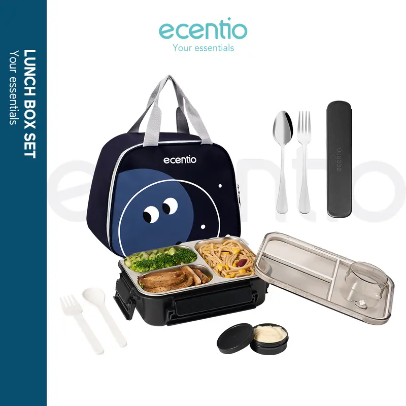 【kotak bekal stainless set】【2.0 anti tumpah】ecentio lunch box stainless 800ml sekat 3 dengan sendok sumpit free kotak sauce kecil Baja Garpu 0
