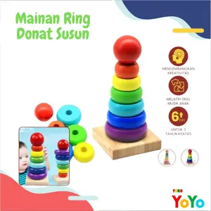 TokoYOyo Mainan Anak Ring Donat Susun Kayu Edukasi Puzzle Tower Donut Wooden Kid Toys