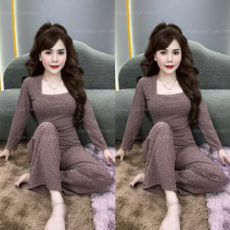 Set bộ CỔ VUÔNG TAY DÀI QUẦN SUÔNG chất liệu gân đũa lạnh size từ 35-80kg top women