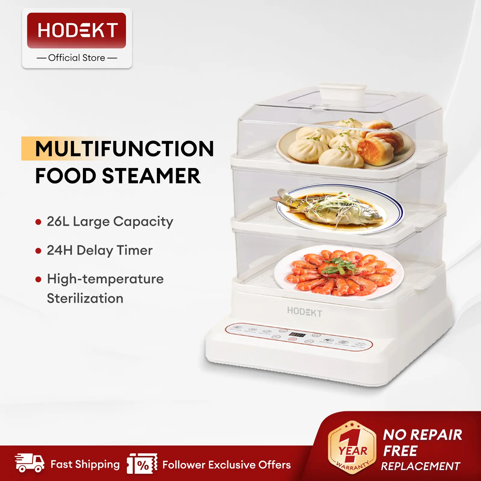 HODEKT Electric Food Steamer Siomai Steamer Multifunction Smart Timer Egg Boiler Multifunction Cooker 26L Avaiable Capacity 3 Layers Cooker