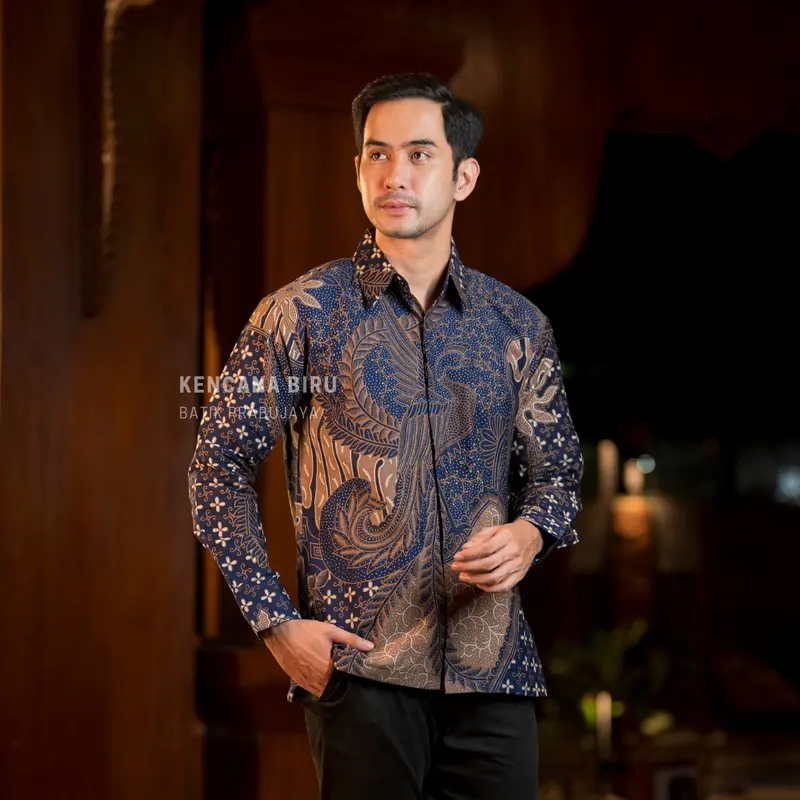 KENCANA BIRU Kemeja Batik Pria Modern Lengan Panjang Lapis Furing Halus Katun 1