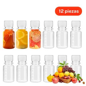 Botella de jugo miniatura de 2oz, 12 piezas de frasco para shots transparente con escala, frasco para shots reutilizable y transparente para líquidos, organizador para el hogar