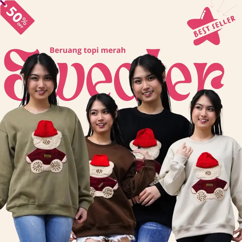 SWEATER BERUANG TOPI MERAH SWEATER SKENA WANITA ATASAN IMPORT BANGKOK BORDIR FLECCE TEBAL FASHION KOREAN STYLE CASUAL LONG SLEEVE HIJAB FRIENDLY CREWNECK SWEATSHIRT CEWEK BASIC FLEECE PANJANG NYAMAN SANTAI sweater fuji Kaos Kerah Oblong Oversize Baju 2