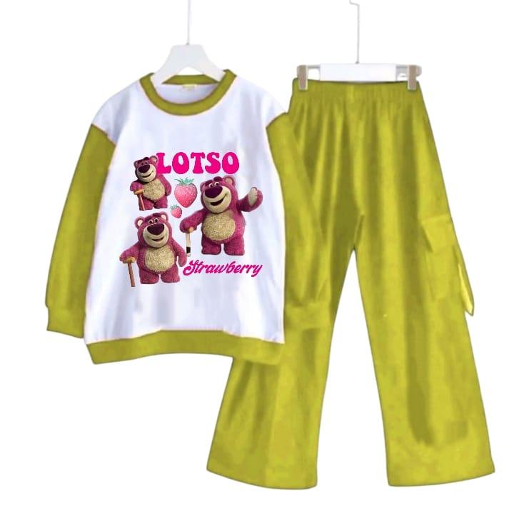 Setelan anak celana cargo karakter Lotso Bear Strawberry bahan crinkle kekinian setelan kaos panjang anak perempuan setelan  anak Setelan Baju 8
