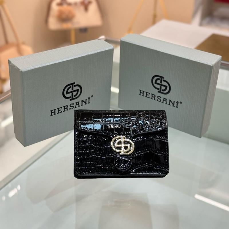 HERSANI Ví cầm tay da bò 1 lớp vân da cá sấu sang trọng 12 ngăn để thẻ màu Đen full hộp hãng - HS6688