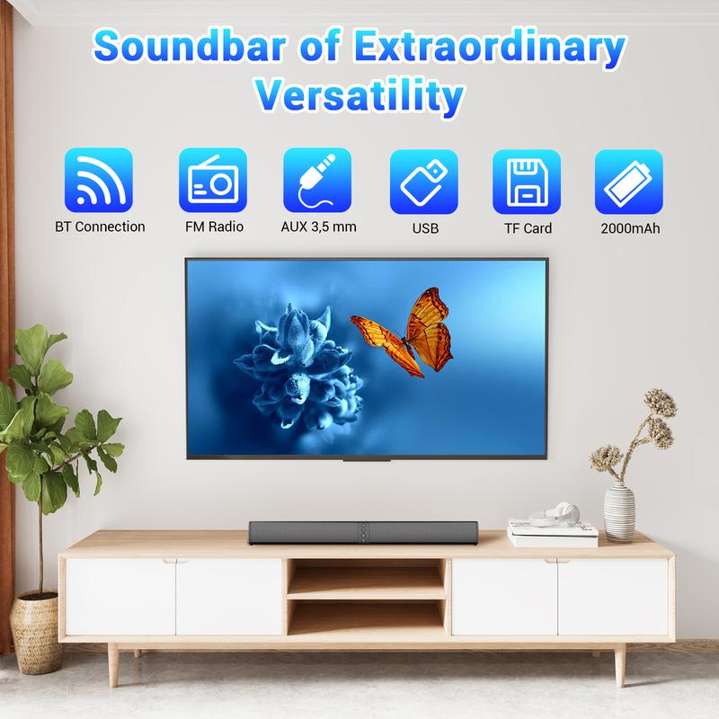 Small Bluetooth Sound Bar for TV, PC Speakers Soundbar 20W, Computer Soundbar for Monitor with USB, TF, FM, TWS, RCA & AUX Playback, 2000mAH Battery, Detachable 1