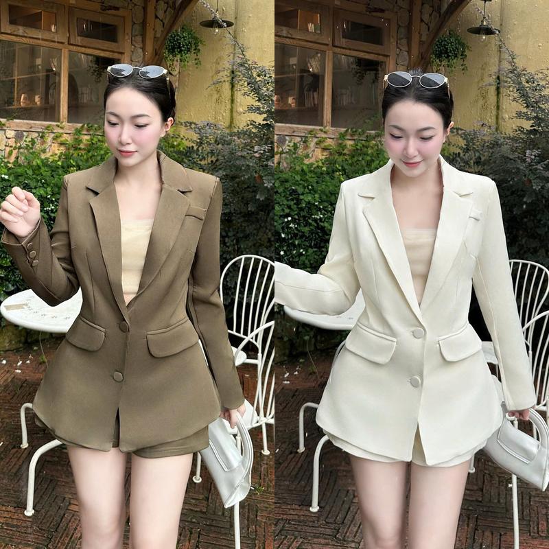 Set Vest Nắp Túi Cúc Bọc Dài Tay Mix Quần Short Đùi Công Sở Màu Nâu Trắng Kem Top Nữ Women