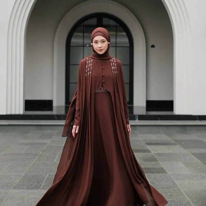 Abaya Turkey Dua Layer Kekinian HANEEN ABAYA Mewah Elegan Resleting Depan - Busana Muslim Wanita - Maxi, Gamis, Dress, Dewasa, Turki, Remaja, Lebaran, Kondangan Payet