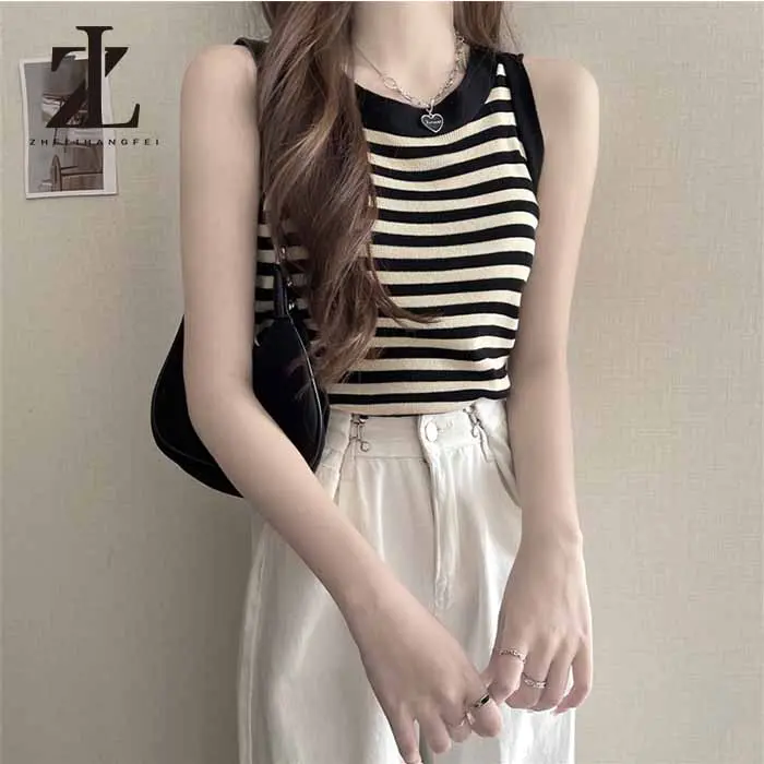 SS24 Áo dệt kim hai dây họa tiết kẻ sọc phong cách cổ điển thời trang mùa hè cho nữ 5